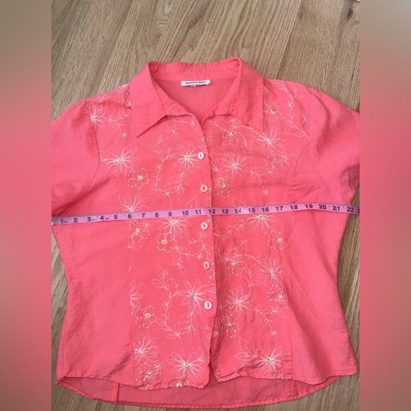 Vintage Ramie Linen Blend Embroidered Button Front Short Sleeve Blouse Shirt L - Picture 5 of 9